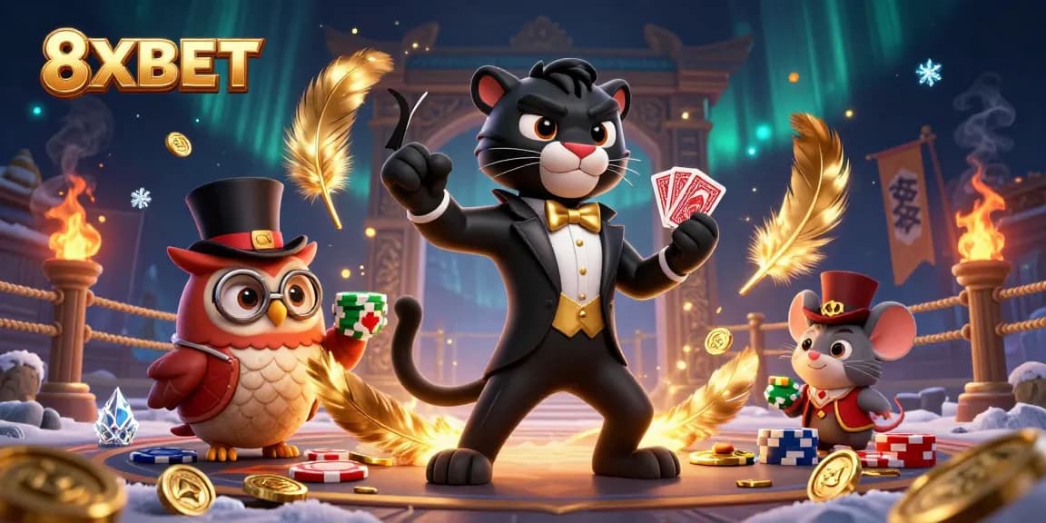 Experience thrilling gameplay at 8XBET featuring a panther dealer with poker chips and a lucky mouse.