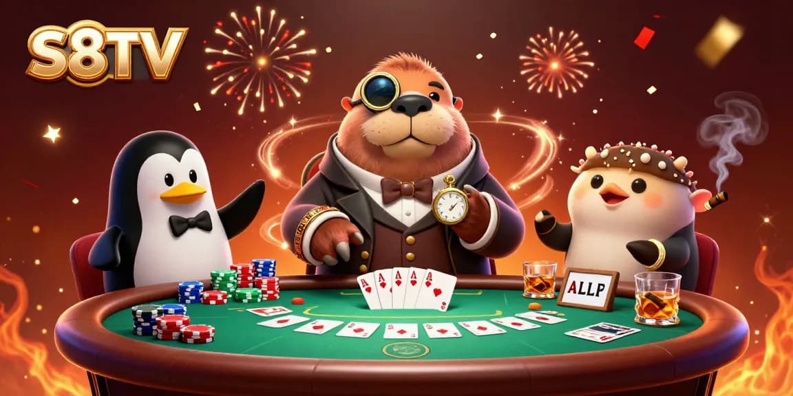 S8TV showcases intense poker action with a 3D walrus, penguin dealer, and pufferfish in a grand underwater setting.
