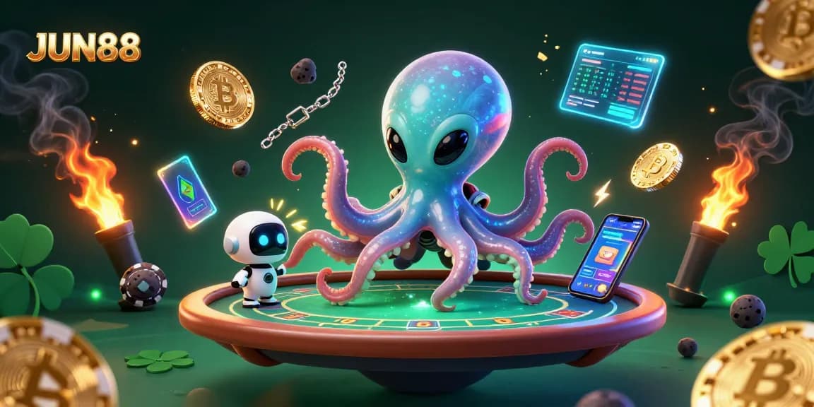 Experience the thrilling world of JUN88 with an alien octopus at a holographic poker table.