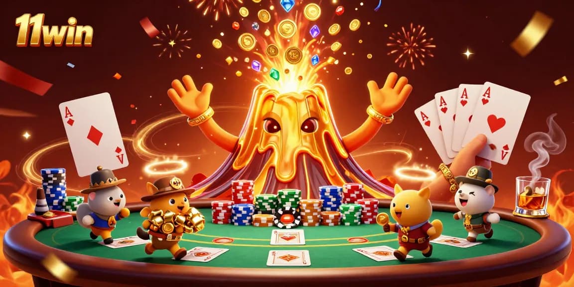 Experience the thrill at 11win with a vivid casino scene featuring vibrant characters and game elements.