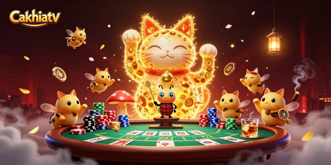Cakhiatv showcases a vibrant, dynamic gaming scene with a giant lucky cat and casino symbols.