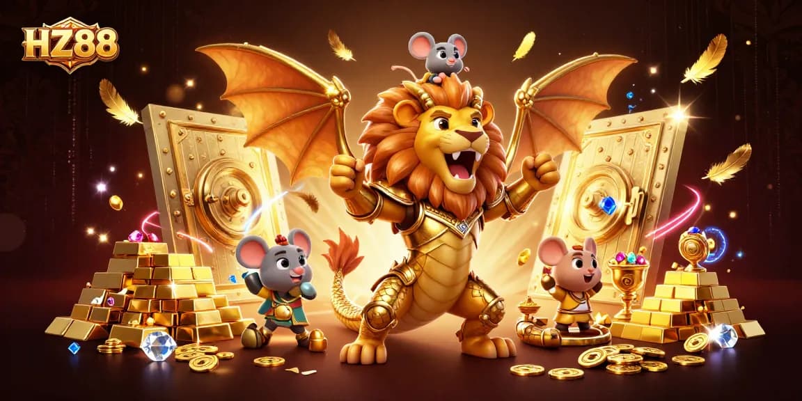 Experience thrilling adventures at HZ88 with a vibrant casino atmosphere filled with gold and treasures.