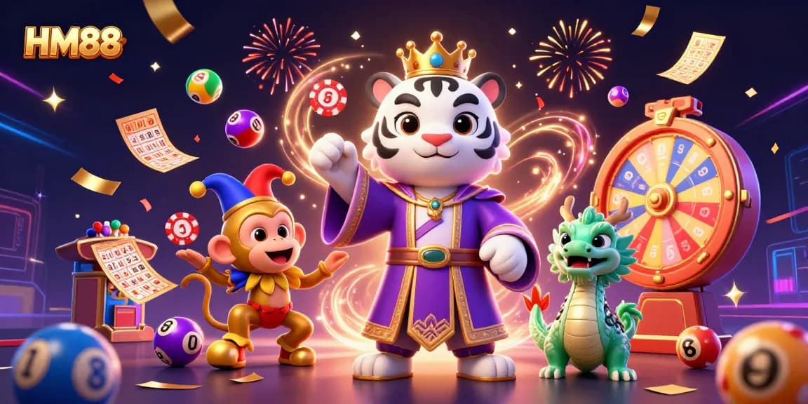 Join the excitement of HM88 with a lively 3D illustration featuring a regal tiger, playful monkey juggling, and colorful lottery elements.