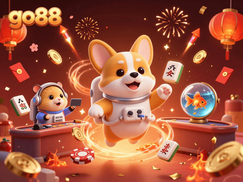 Engage in thrilling gaming at go88, featuring a vibrant 3D space casino scene with dynamic characters and floating icons.
