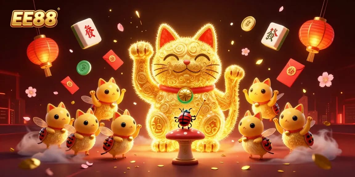 Experience thrilling gameplay with EE88's vibrant casino illustration showcasing lucky symbols and a lucky cat.