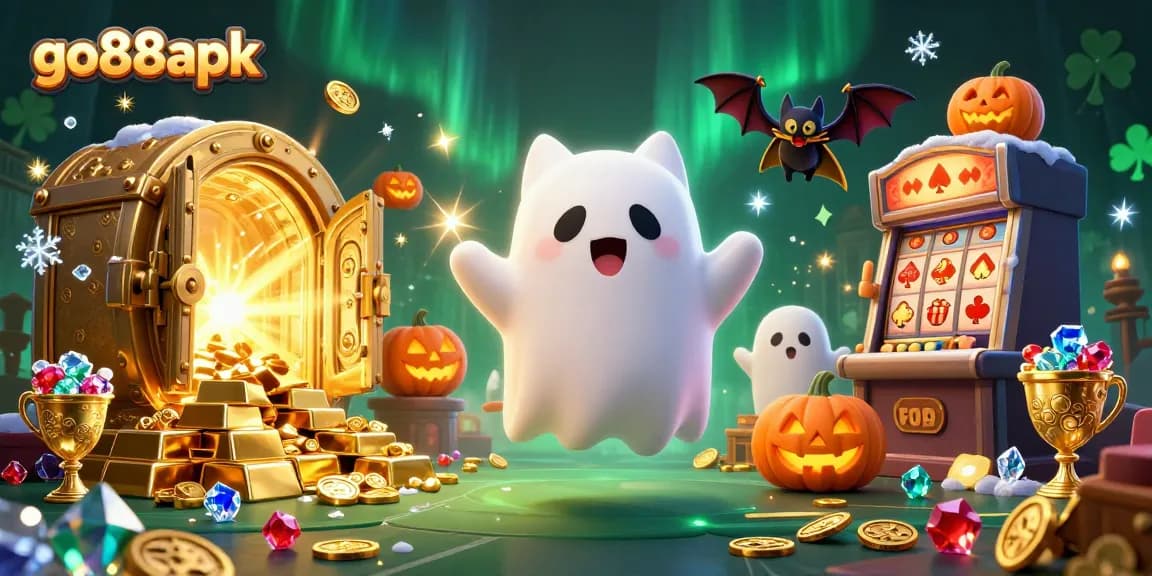 Engage in the thrilling world of go88apk with a dynamic illustration of a ghost cat and vampire bat in a haunted casino
