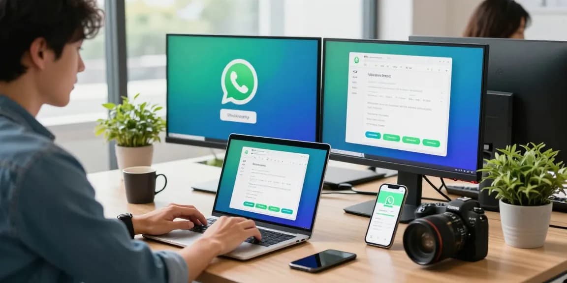 Explore WhatsApp下載 features in a modern tech workspace with a professional at a laptop.