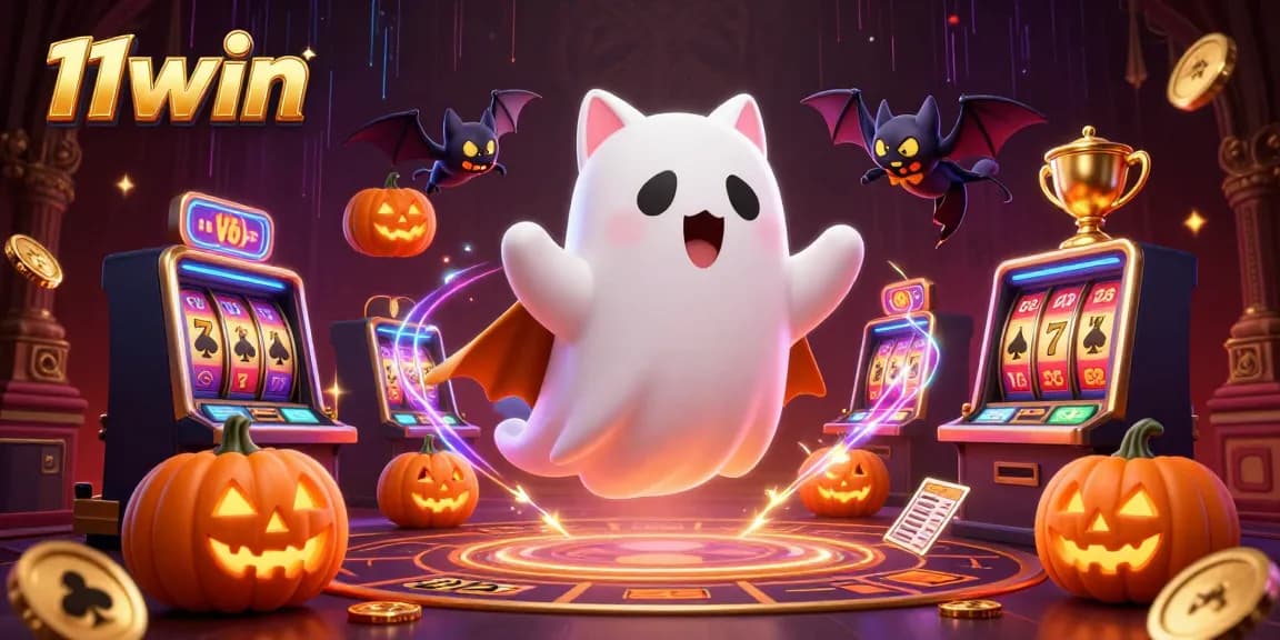 Win big with 11win in a vibrant haunted casino scene full of slots and glowing jack-o-lanterns.