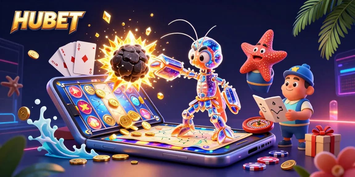 Experience the excitement of HUBET gaming as a galactic mantis shrimp bursts through an asteroid showering coins.
