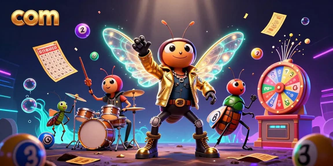 Experience vibrant lottery excitement with com in a colorful, dynamic 3D gambling scene.