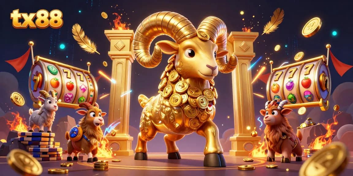 Experience the excitement of tx 88 with a dynamic 3D casino illustration featuring a golden ram and slot game elements.
