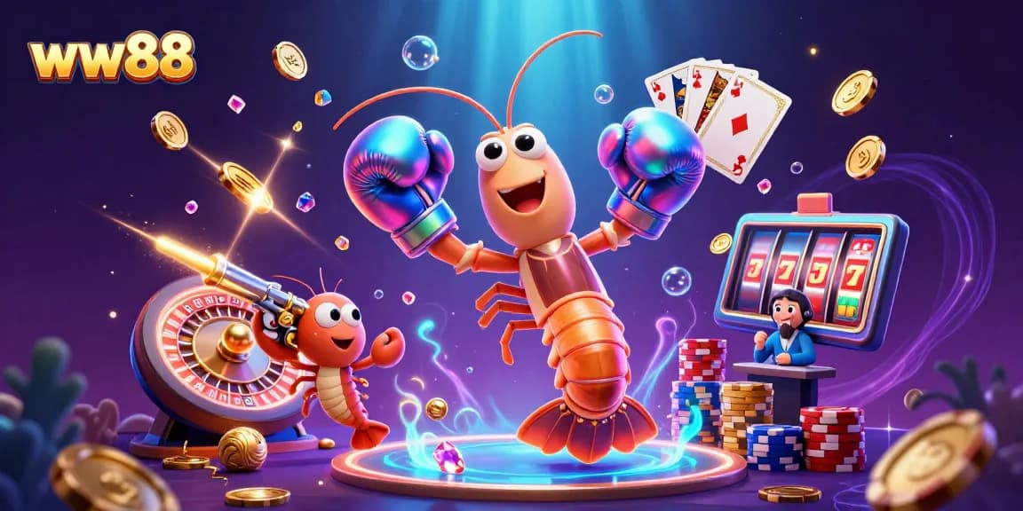 Join the exciting world of ww88 with vibrant cartoon characters engaging in casino fun amid flying coins and chips.