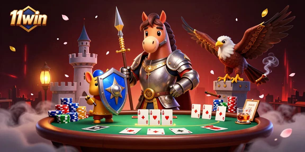 Experience the thrill of 11win with knights battling over poker chips and cards in a lively casino.