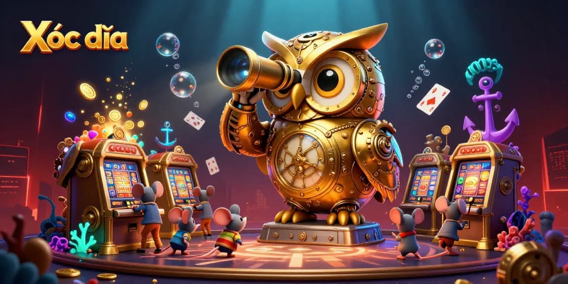 Xóc đĩa game scene with a golden owl overseeing tiny mice patrons, floating cards, and glowing treasures.