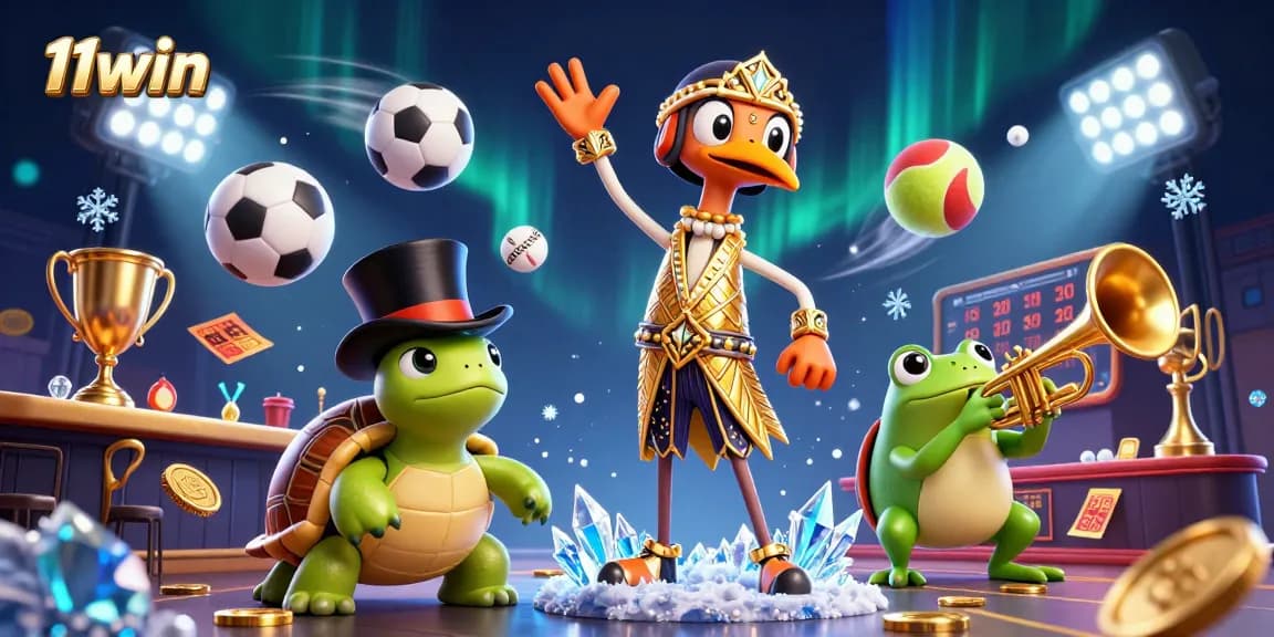 Experience the thrill of winning at 11win with a lively casino scene featuring engaging characters and sports elements.