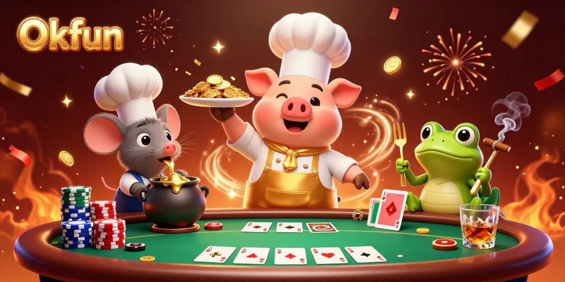Bet on winning strategies with Okfun's vibrant 3D celebratory casino scene.