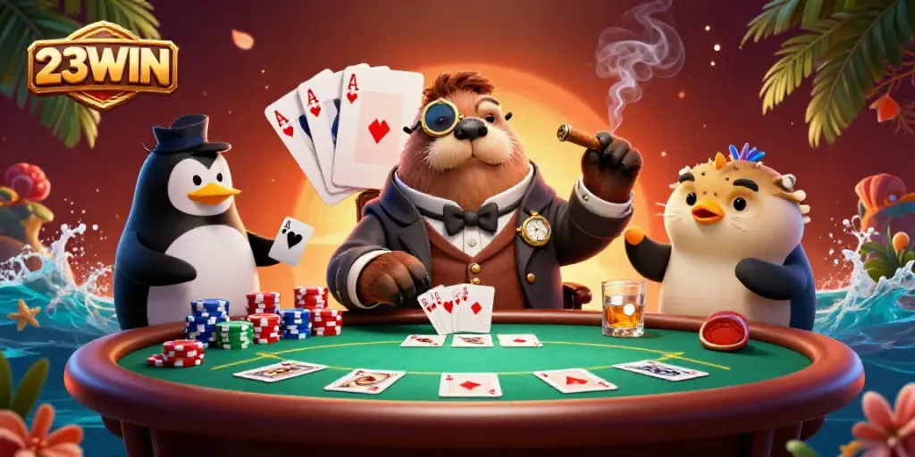Immerse in the excitement of 23WIN with jolly characters at a vibrant underwater poker table, showcasing thrilling gambling action.