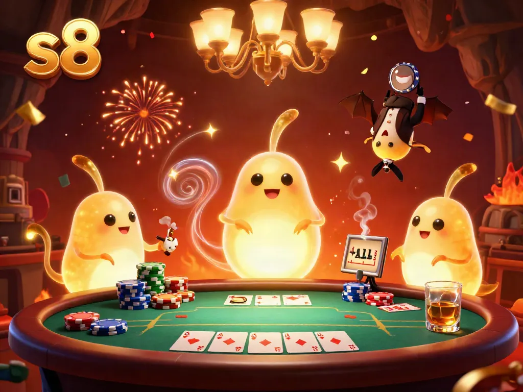 S8 casino scene with glowworms illuminating a poker table and a bat dealer, showcasing vibrant gambling action.