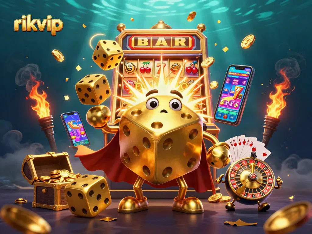 Experience the thrilling action of rikvip in this vibrant casino scene with golden dice and immersive game elements.