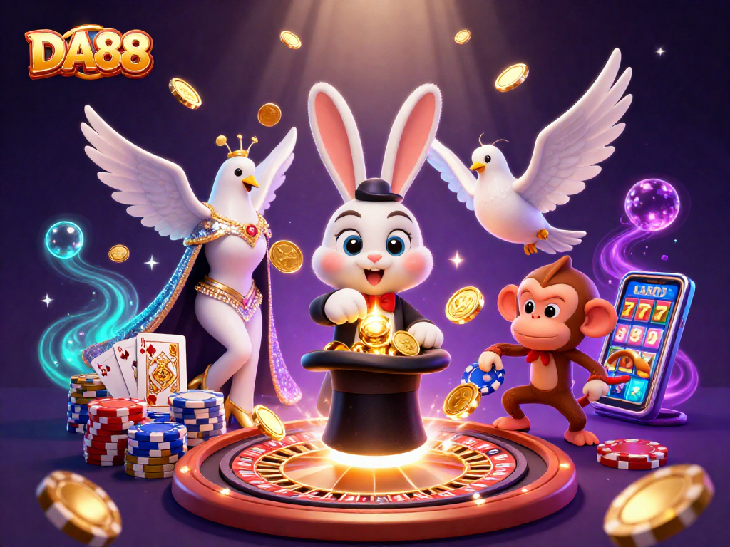 Experience DA88 gaming excitement as a magician rabbit conjures coins, while a glamorous dove and cheeky monkey add to the casino thrills.