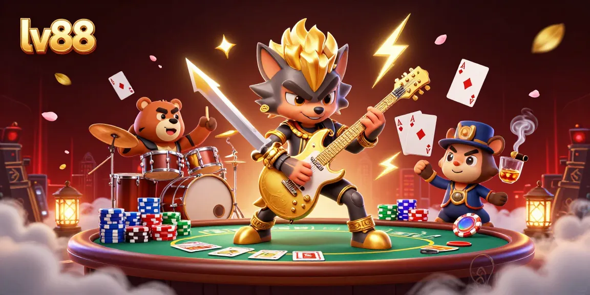 Experience the vibrant energy of lv88 with a rock star wolf and dynamic casino elements.