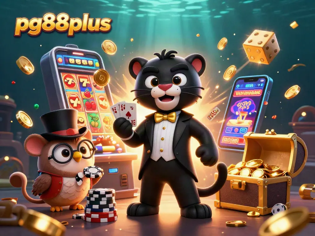 Experience thrilling action at pg88plus with a 3D cartoon illustration featuring a stylish panther and casino elements.