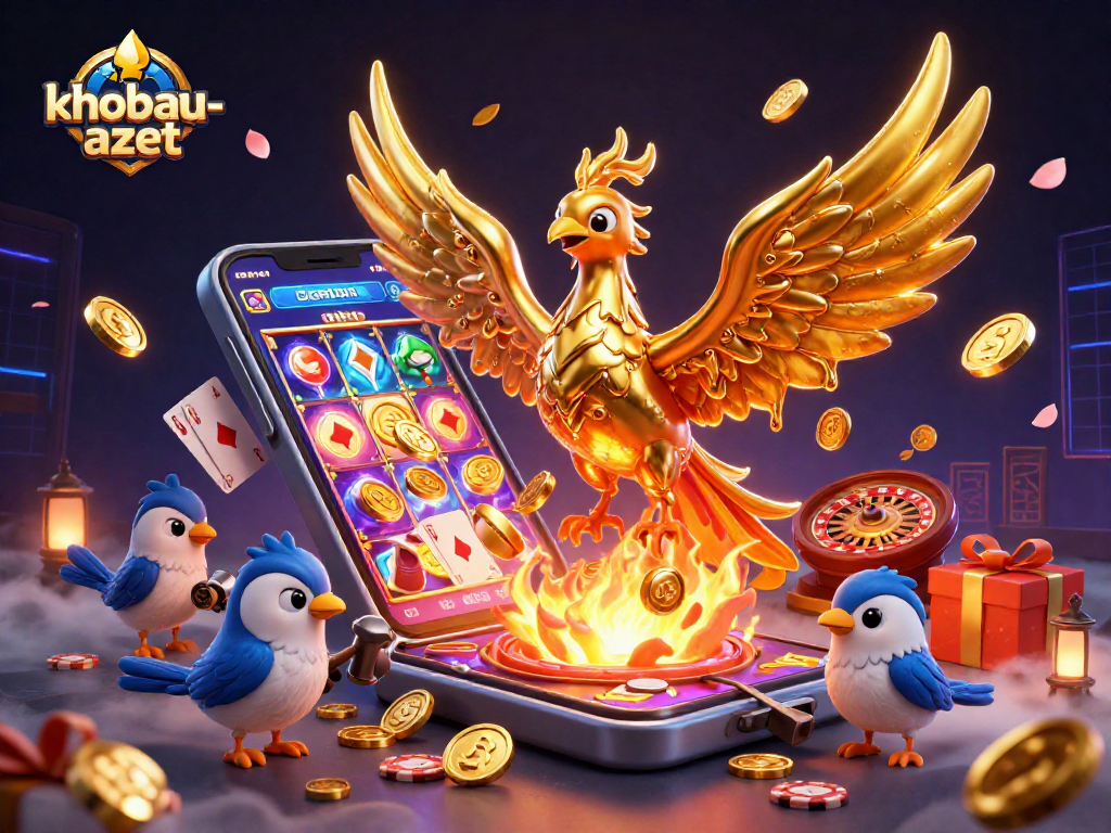 Engage with khobau-aztec's thrilling slot game as golden coins rain down from a phoenix in a mystical setting.