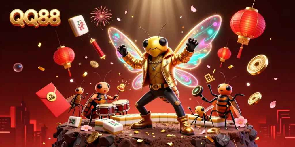 Experience excitement with QQ88's vibrant casino scene, filled with cartoon characters and festive elements.