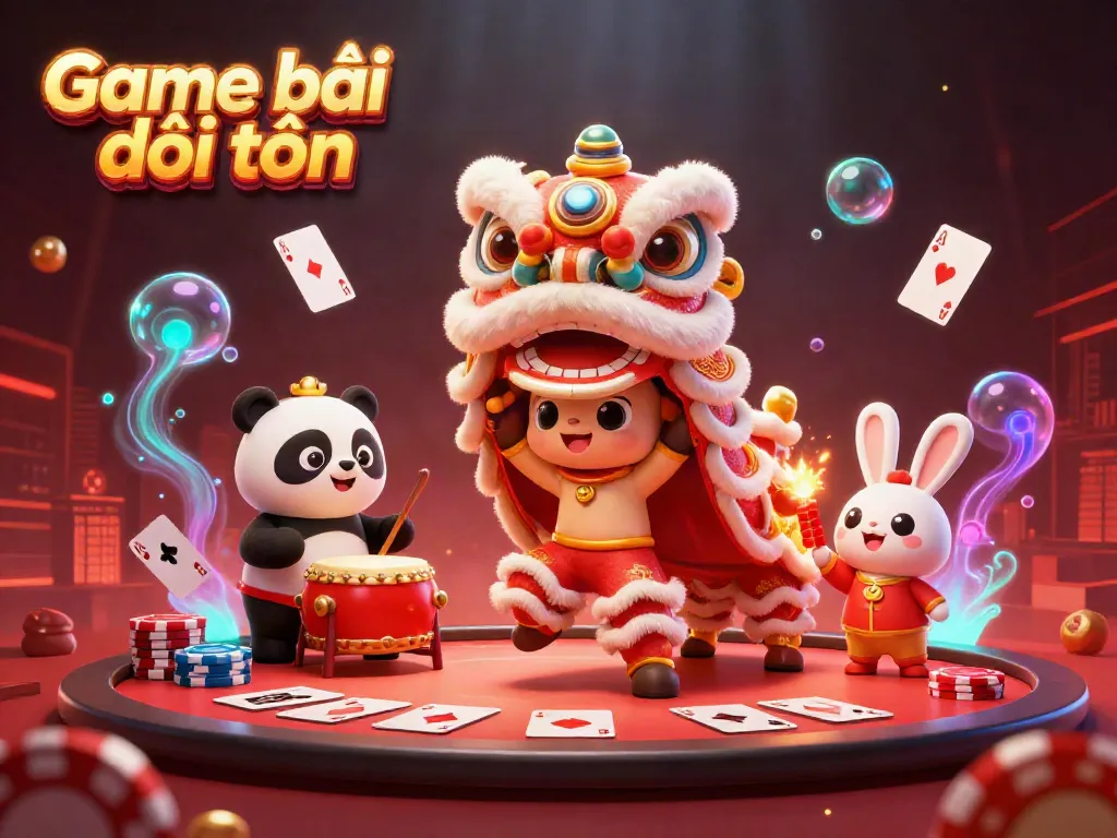 Experience the thrill of Game bài đổi thưởng with vibrant characters and casino elements in this dynamic illustration.