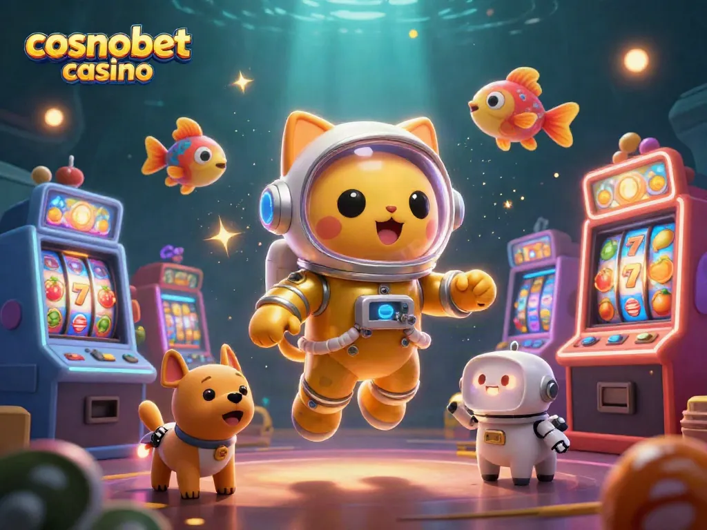 Experience thrilling gameplay at cosmobet casino with characters in a vibrant space-themed casino atmosphere.
