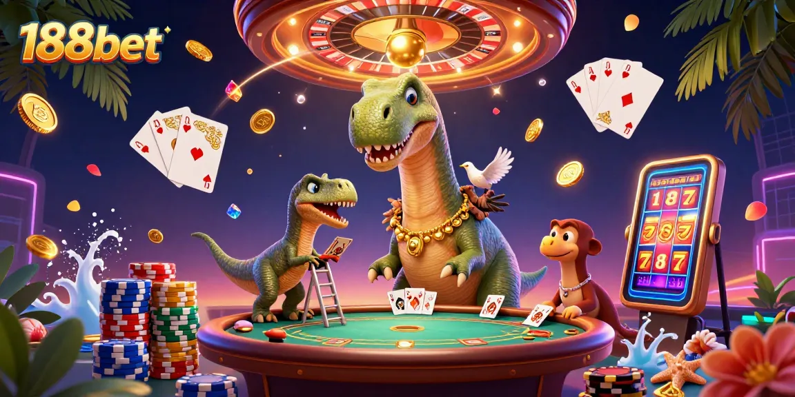 Experience vibrant gameplay action at 188bet with a whimsical 3D illustration of casino excitement.