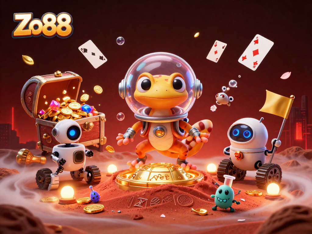 Experience vibrant gaming adventure with Zo88's lively casino scene featuring a Martian gecko.
