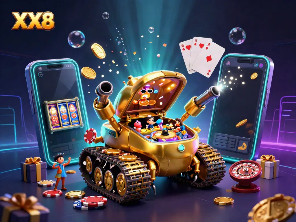 Experience the excitement of XX8 with a golden beetle tank revealing a vibrant casino scene.