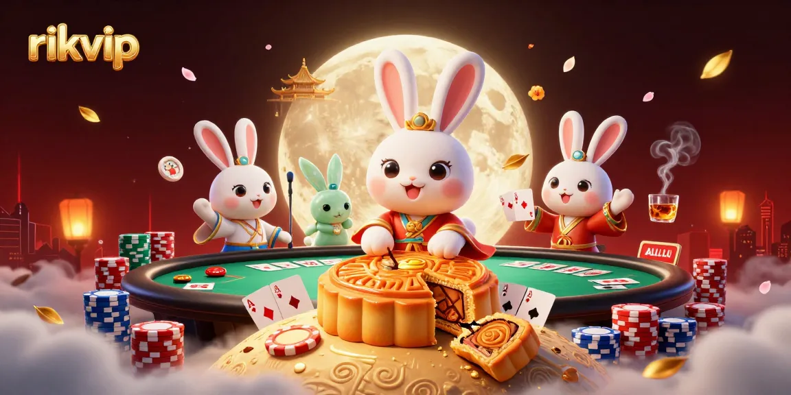 Play exciting games at rikvip with a magical casino-themed illustration featuring lunar rabbits and poker elements.