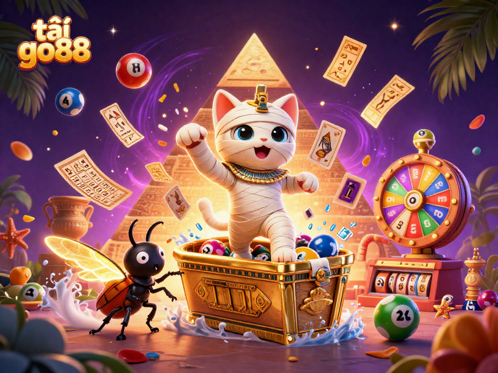 Engage with thrilling slots and jackpots at tải go88 featuring vibrant casino elements and a fun mummy cat.