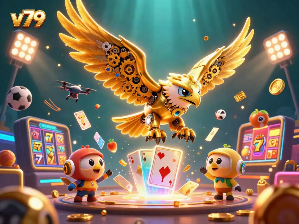Experience thrilling wins at v79 with a golden eagle amidst dynamic casino reels and jackpots.