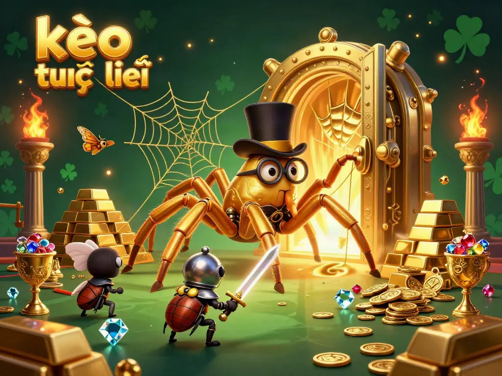 Experience thrilling kèo trực tuyến action with a golden tarantula and beetle knight in an enchanting casino scene.