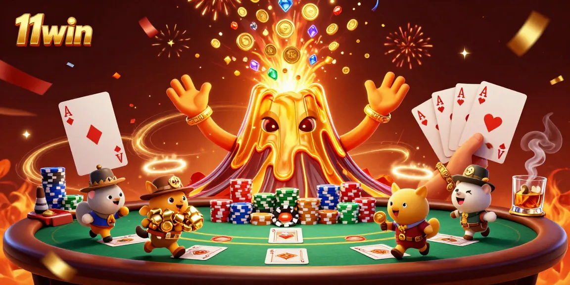 Experience the thrill at 11win with a vivid casino scene featuring vibrant characters and game elements.