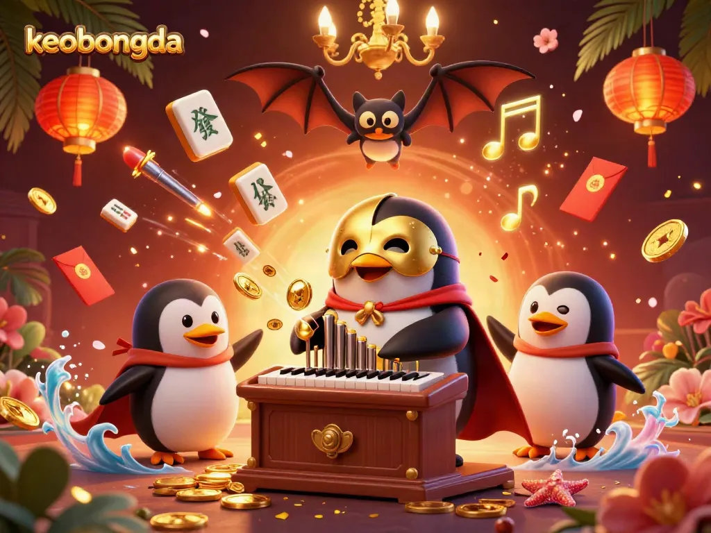 Experience keobongda with a vibrant illustration of a phantom penguin and acrobatic bat within a casino atmosphere.