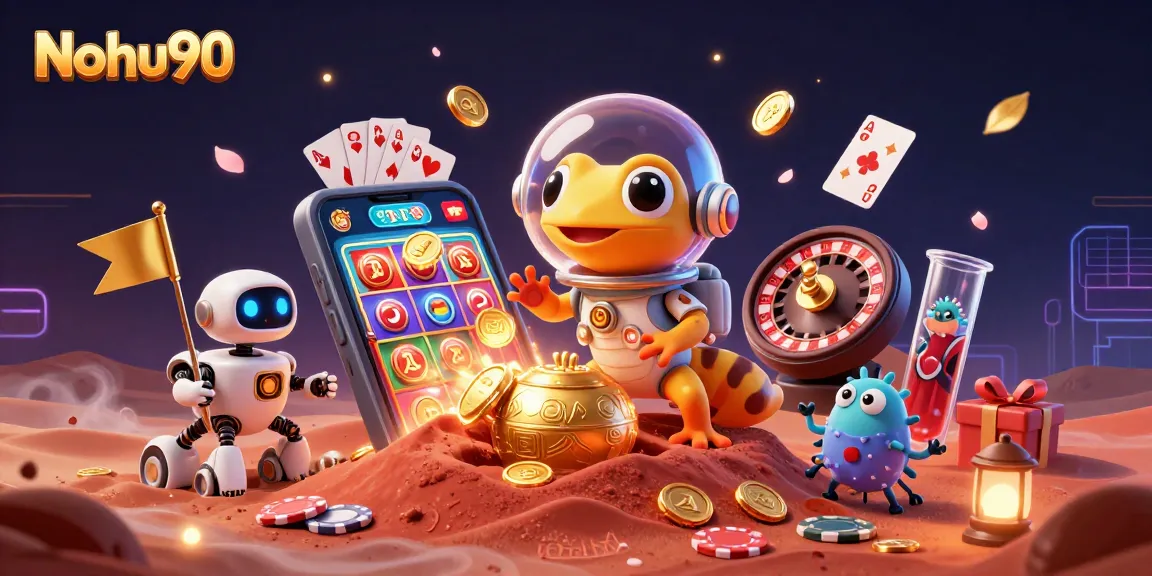 Nohu90 showcases a vibrant alien casino adventure with a Martian gecko and robotic companion.