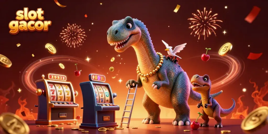 Engage in vibrant slot gacor action with a brontosaurus overseeing a lively casino scene.