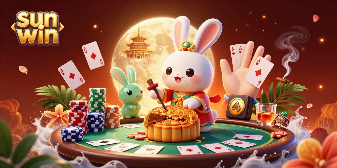 Experience the excitement of sun win in this vibrant 3D illustration with a moon rabbit pounding golden mooncakes revealing poker chips.