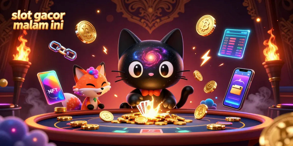 Engage with slot gacor malam ini: a cosmic casino scene featuring a black hole cat and nebula fox with neon crypto elements.