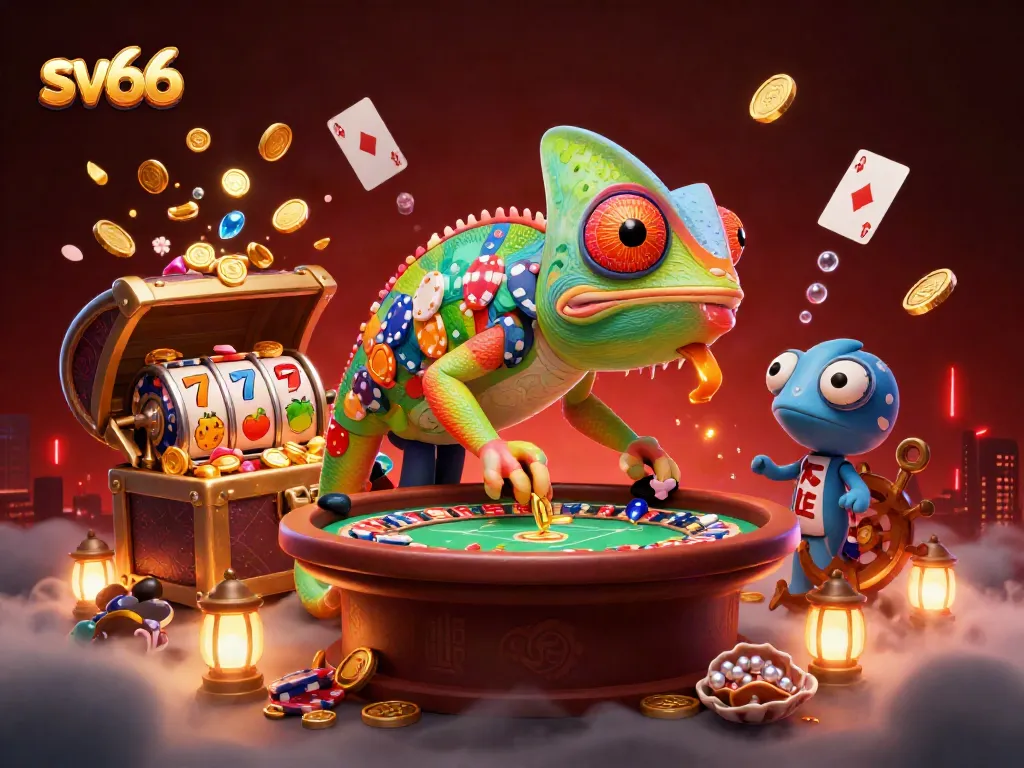 Play engaging games at sv66 with a vibrant casino scene featuring a chameleon owner and slot elements.