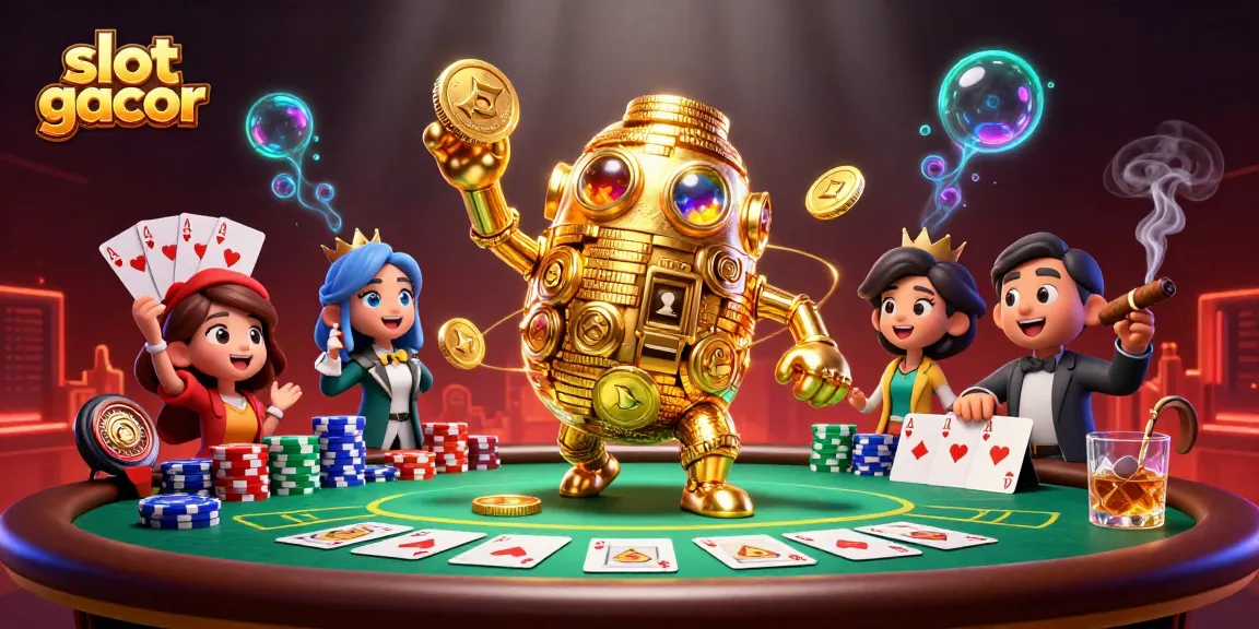 Experience slot gacor action with a golden golem, poker table, and vibrant casino elements.
