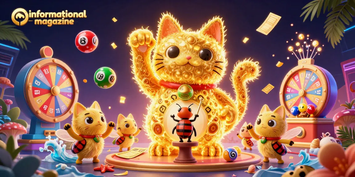 Engaging informational magazine illustration with lucky cat and vibrant casino elements