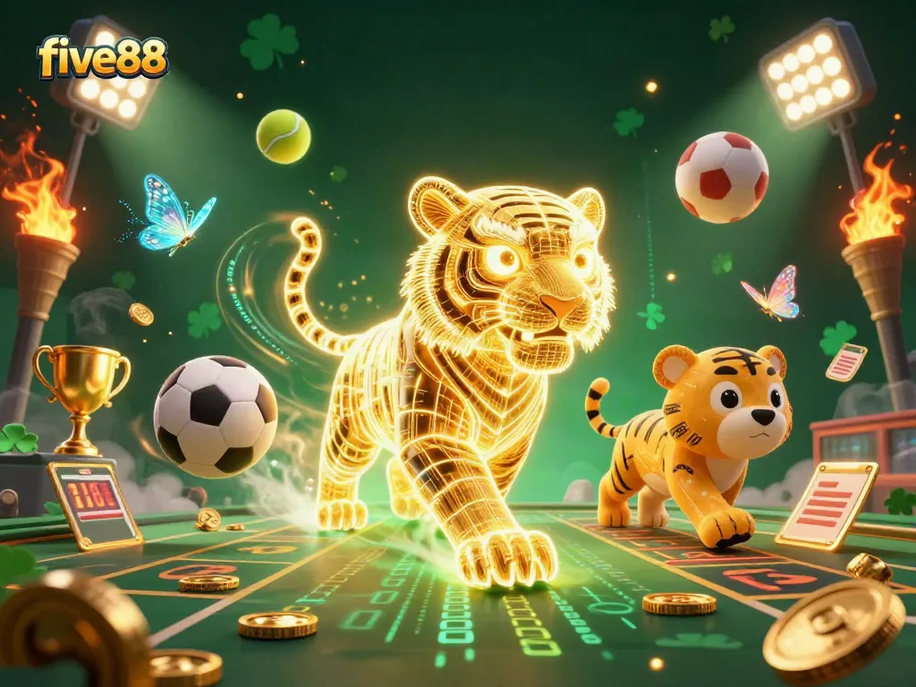 Experience the excitement of five88 with a dynamic 3D casino illustration featuring a neon tiger and vibrant sports elements.