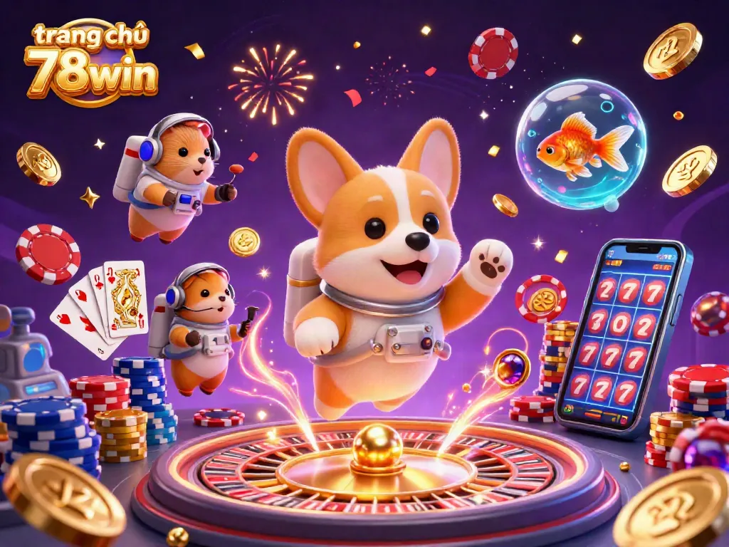 Experience the excitement at trang chủ 78win with a floating casino scene featuring cartoon characters.