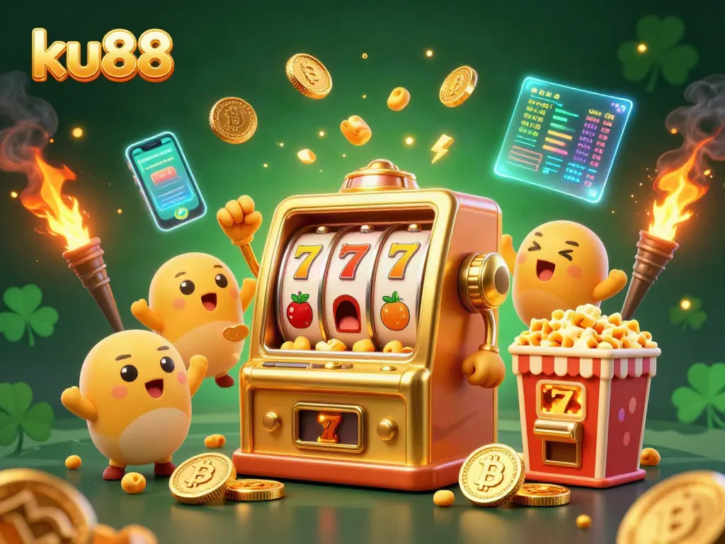 Kicking off an exciting jackpot win, ku88's dazzling slot machine reveals shining coins amidst vibrant casino celebrations.