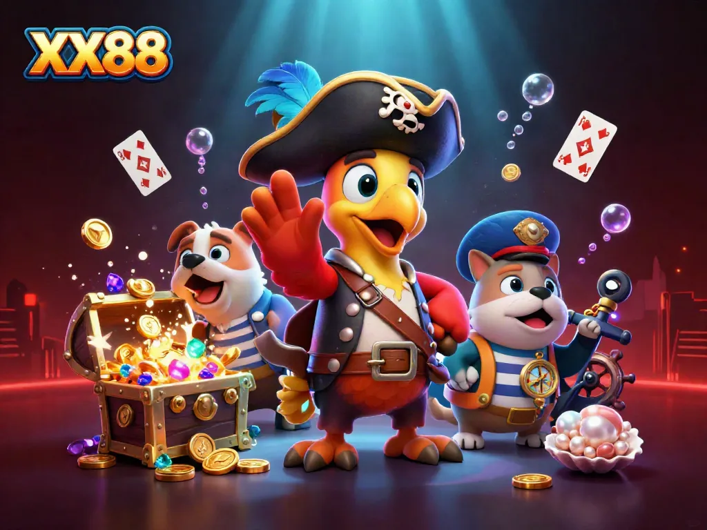 Experience the thrilling world of XX88 with dynamic pirate characters and rich casino-themed elements.